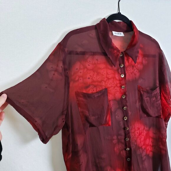 ZAPA Burgundy Sheer Button Up Blouse Womens Large? Artsy Whimsigoth Indie - Picture 2 of 9